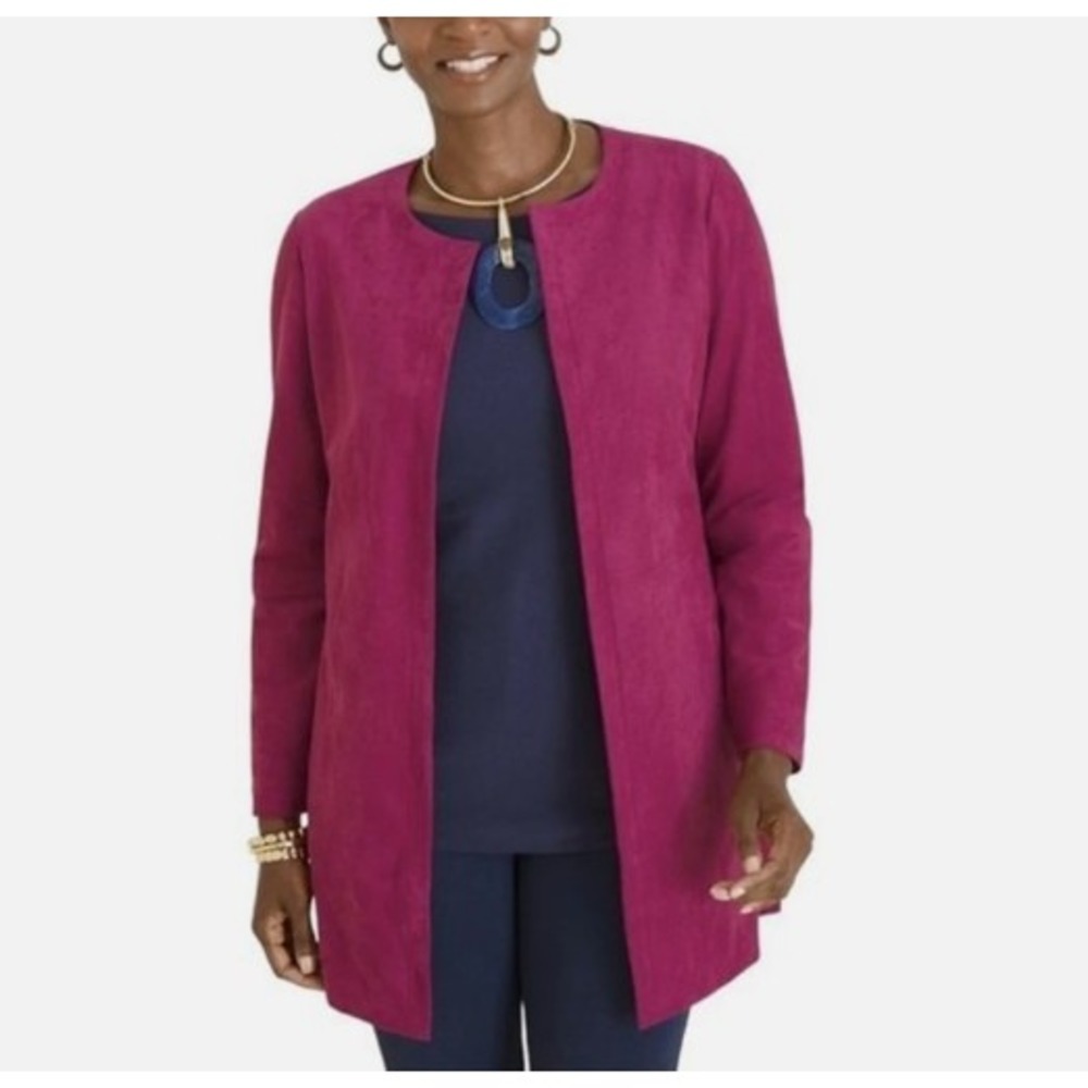 Chicos‎ 0 Faux-Suede Topper Jacket Open-Front Cardigan Pockets Magenta Small